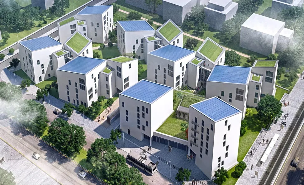 Modern apartment blocks with solar panels on their roofs
