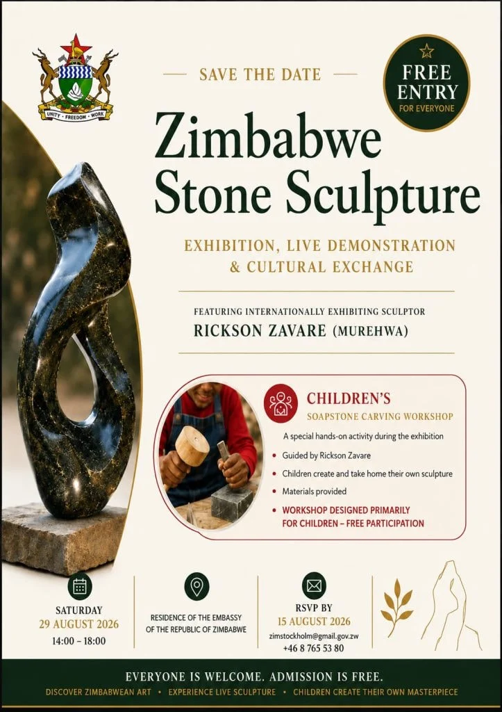 Flyer: Save the date, Zimbabwe Stone Sculpture exhibition with sculptor Rickson Zavare and a children's soapstone carving workshop, Saturday 29 August 2026, 14:00–18:00, at the residence of the Embassy. Free entry.