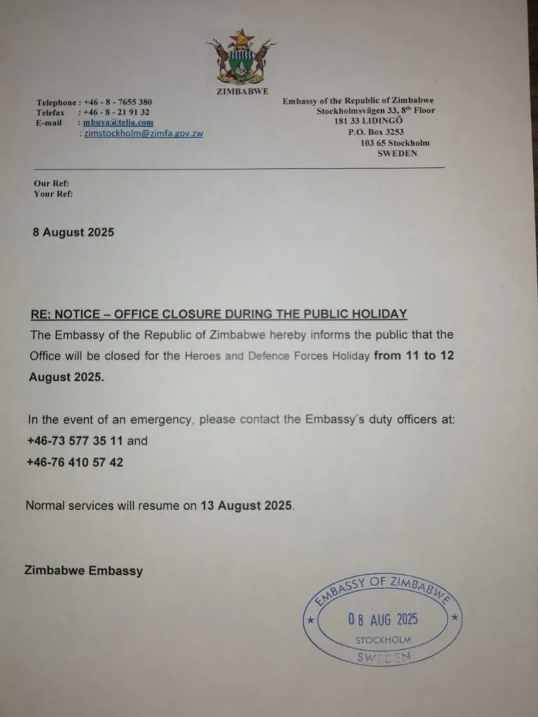The Embassy’s letter of 8 August 2025 announcing the office closure on 11 and 12 August 2025.