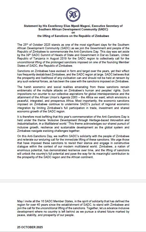 The statement by the SADC Executive Secretary on the lifting of sanctions on the Republic of Zimbabwe, dated 25 October 2025.