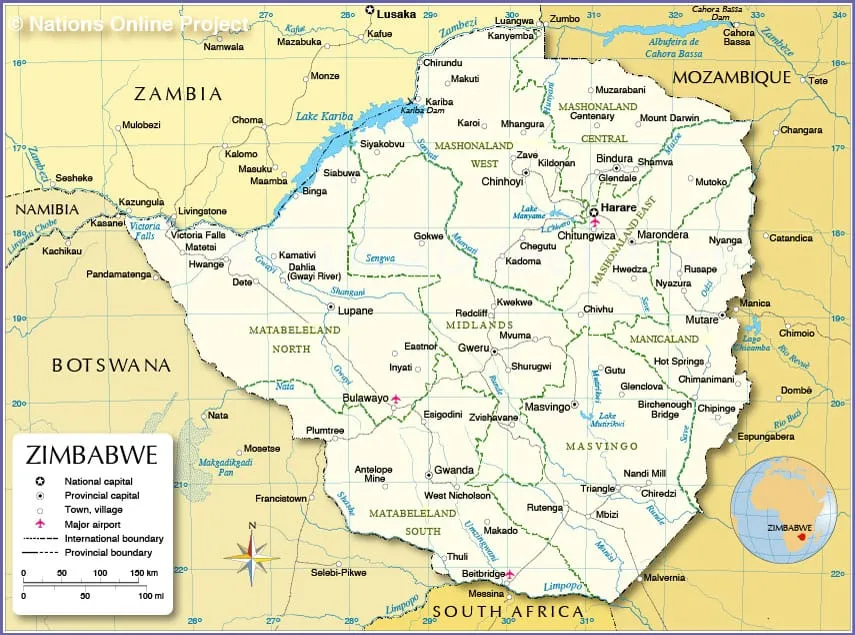 Map of Zimbabwe with its main towns, rivers and neighbouring countries