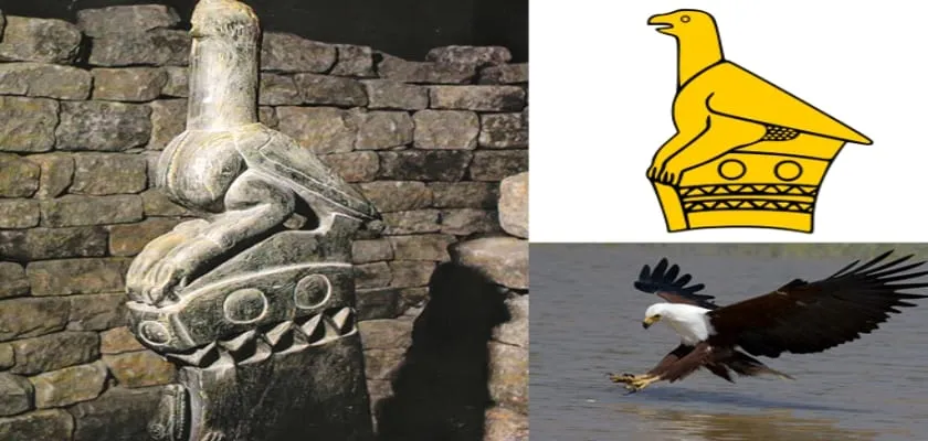 A stone Zimbabwe Bird from Great Zimbabwe, the bird on the flag, and a fish eagle